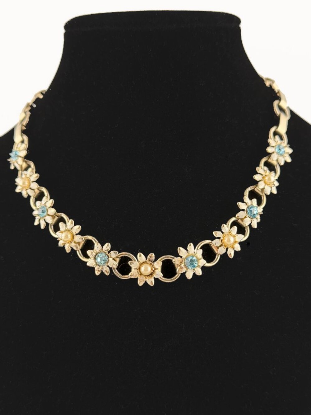 Vintage 1950s Blue Rhinestone & Faux Pearl Daisy Choker Necklace 15"